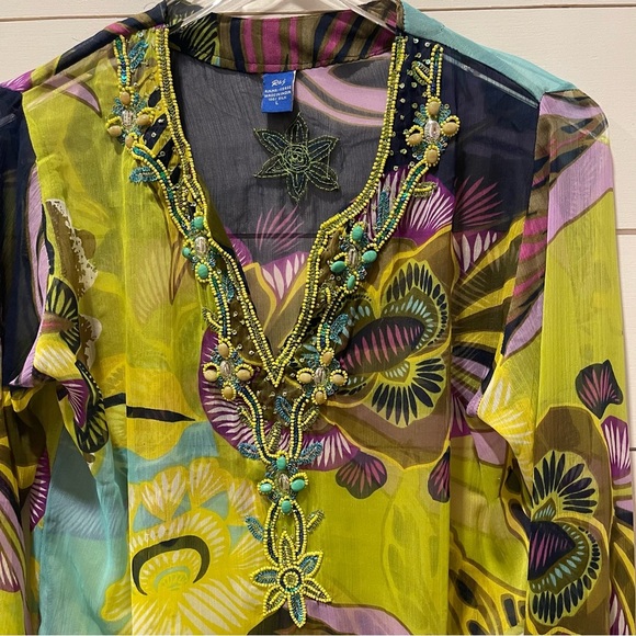 Raj Silk Multicolor Embellished Sheer Tunic Top Womens Size Large - Picture 4 of 12